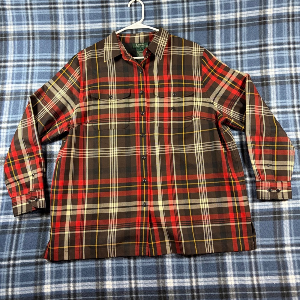 Lauren Ralph Lauren 100% Worsted Wool Plaid Shirt Jacket Red Brown Womens 1X